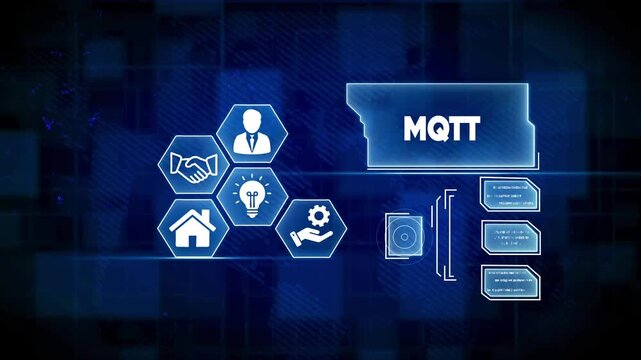 Digital MQT concept with hexagonal icons and data streams on blue background MQTT message queuing telemetry transport
