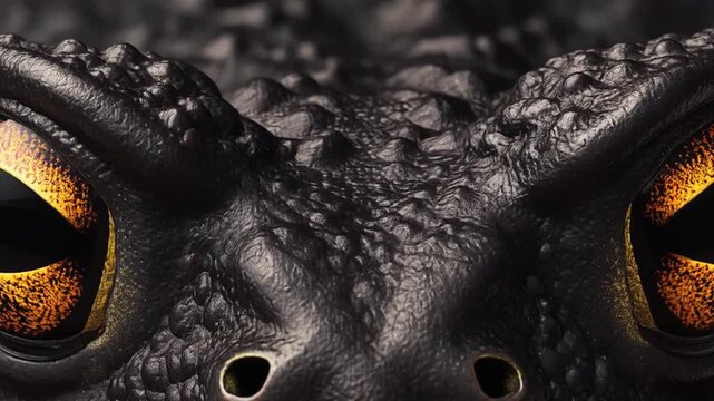 A close-up view reveals a frog's eye. The black body and golden eyes offer striking contrast