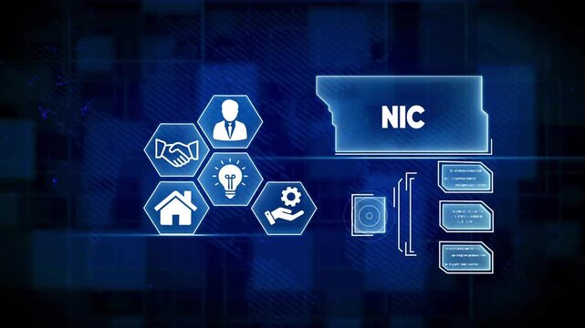 Digital business concept with NIC acronym and technology icons on blue background image photo