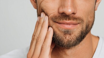 Fototapeta premium Young Adult Shows Tooth Pain While Holding Cheek in Clean Setting With Natural Light During Daytime