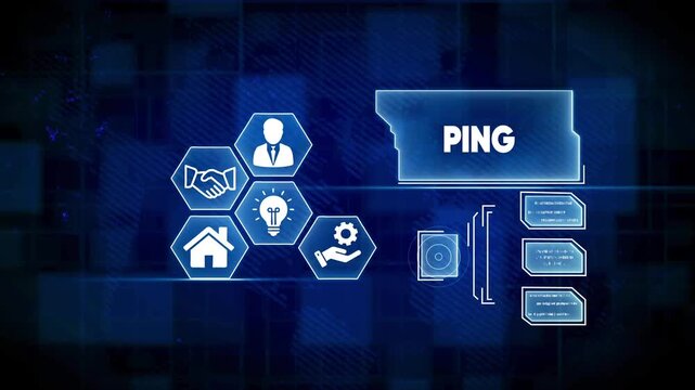 Digital network interface displaying PING icon and network data on blue grid background PING technology
