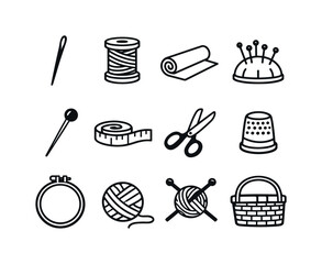 Textile and sewing craft items in linear style: sewing needle, thread spool, fabric roll, pin cushion, sewing pin, measuring tape, fabric scissors, thimble