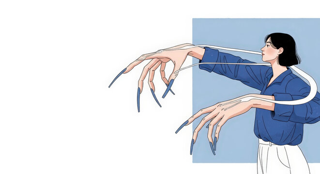 Abstract Illustration of a Woman with marfan syndrome Oversized Hands Against a Minimalist Background for Creative Blogs, Art Projects, Social Media Campaigns, and Unique Visual Storytelling