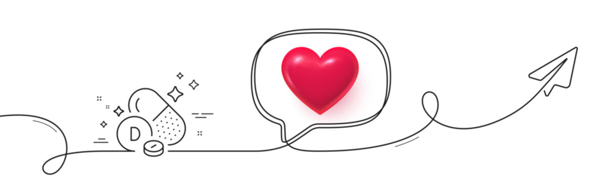 Vitamin D line icon. Continuous line with share plane. Food nutrient sign. Capsule or pill supplement symbol. 3d heart in speech bubble. Vitamin D single line ribbon. Loop curve pattern. Vector