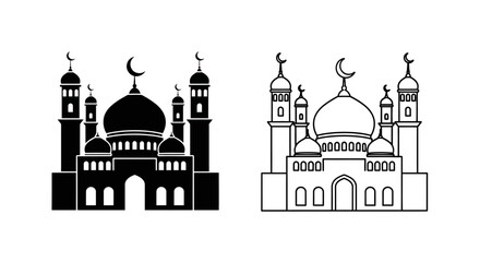 Obraz premium Black silhouette and outline vector mosque icon with crescent moon, Islamic architecture building for Ramadan, Eid al-Fitr, Eid al-Adha isolated on white
