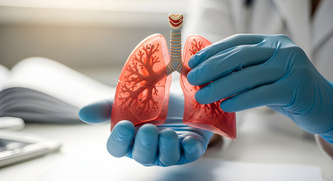 Medical hands holding human lung model representing respiratory health and medicine
