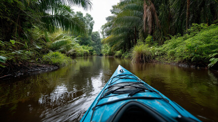 Fototapeta premium Kayaking on tranquil river through lush rainforest canyon, first-person view, immersive paddling perspective, tropical waterway adventure, jungle exploration, nature recreation