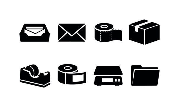 Office mailroom supplies: mail tray, envelope, stamp roll, parcel box, tape dispenser, label roll, postal scale, document folder
