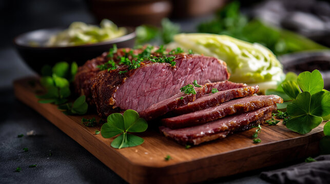 Traditional corned beef with cabbage and parsley on wooden board decorated with fresh clovers, perfect for St. Patrick's Day menus, festive food photography, Irish cuisine,
