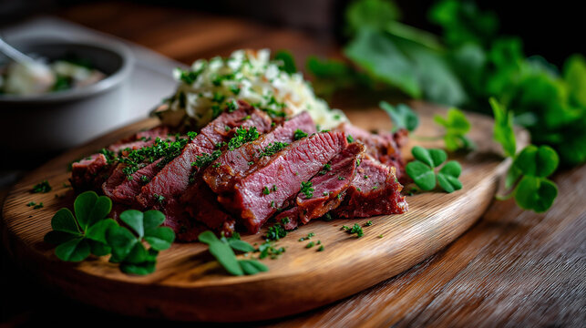 Traditional corned beef with cabbage and parsley on wooden board decorated with fresh clovers, perfect for St. Patrick's Day menus, festive food photography, Irish cuisine,