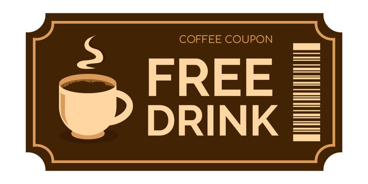 Free coffee drink coupon with a coffee cup image. Chocolate-colored voucher template. Concept for a promotion, happy hour, opening, or party. Vector illustration.
