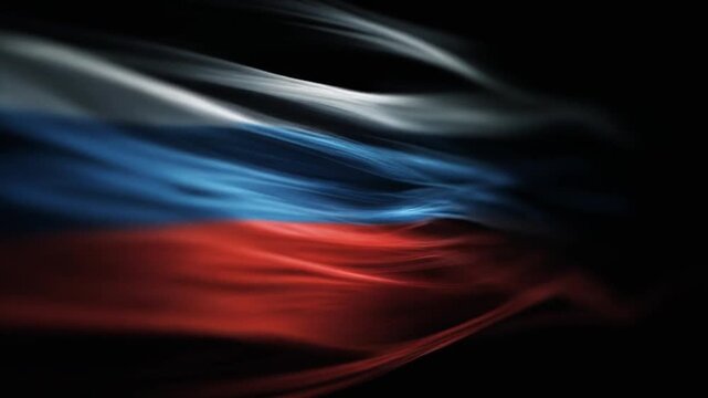 A stylized image of a flag with a dark background. Red, blue, and white blend together