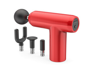 Red massage gun with various massage heads on white background