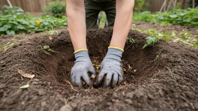 Medium shot of hands adding organic waste into a compost pit surrounded by soil illustrating natural fertilization through deep waste integration.