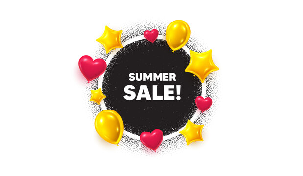 Summer sale picture frame banner. Circle photo frame. Summer Sale tag. Special offer price sign. Advertising Discounts symbol. 3d balloons as hearts, stars. Grain dots pattern. Vector