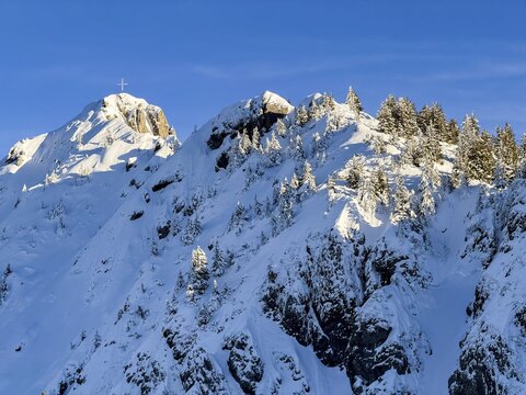 Snow-covered summit of Branderschrofen with summit cross, Tegelberg in winter, Schwangau, Allg&auml;u Alps, Bavaria, Germany