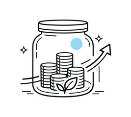 Long-term financial stability planning and mindful saving habits in everyday life management, a closed jar with neatly stacked coins and a subtle upward arrow