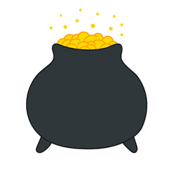 Pot of leprechaun gold, golden coins illustration isolated. Saint Patrick Day holiday design element, clip art on transparent background. Hand drawn flat vector illustration. Irish folklore, mythology