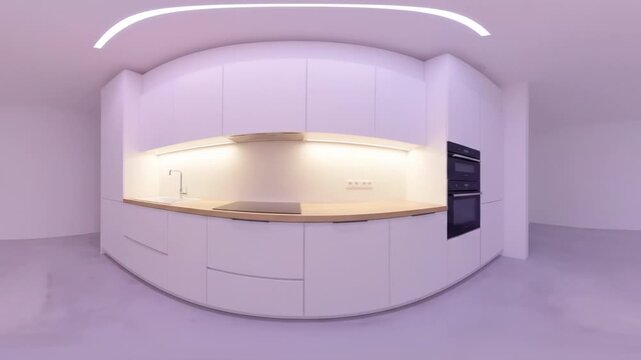 Modern minimalist kitchen design with sleek white cabinets and wooden countertop. Panoramic view of a contemporary kitchen with changing light.
