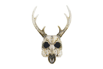 A golden skull with antlers, set against a light gray background, is the central focus in this realistically rendered yet artistically embellished artwork The composition is balanced symmetrically b © Mister