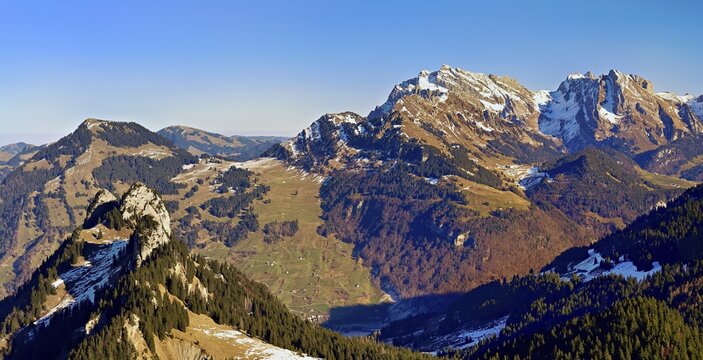 View of snow-covered S&auml;ntis from Gulmen, Amden, Canton of St. Gallen, Switzerland