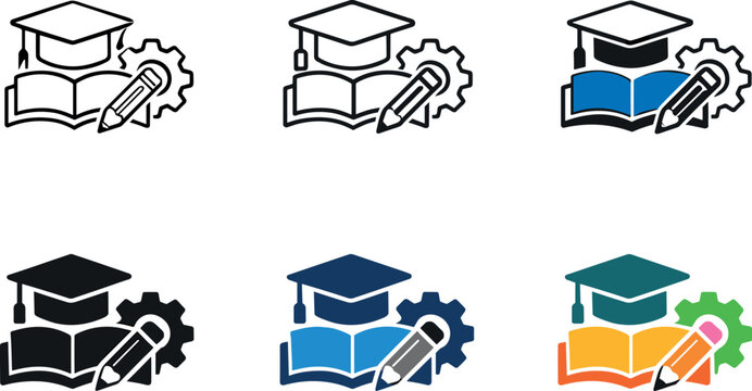 Skill development icon showing stylized graduation cap, book, pencil, and gear representing learning, personal growth,