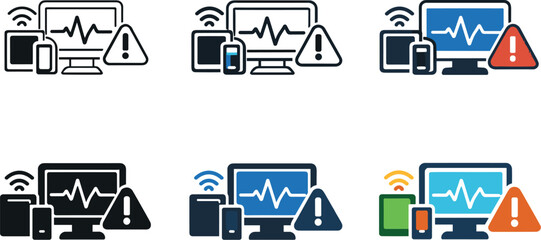 Real-time monitoring icon showing stylized screens, graphs, sensors, and alert symbols representing continuous data tracking,