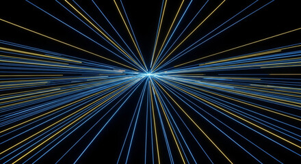 Obraz premium Abstract energetic light streaks and lines emanating from center into dark space representing speed motion and digital technology concept