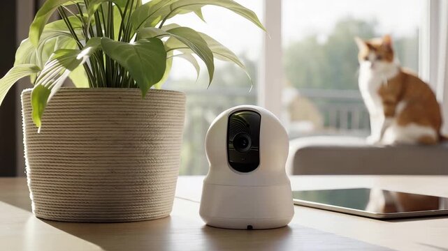 Indoor security camera monitoring smart home with cat in background and tablet on table for pet monitoring application