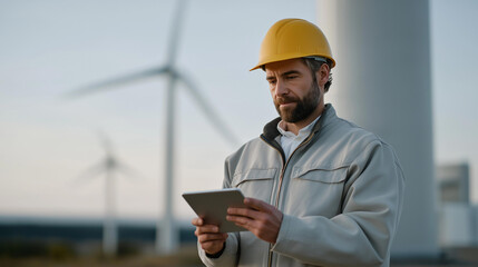 Fototapeta premium Engineer standing near a large wind turbine, inspecting blades and using digital tablet, symbolizing renewable resource innovation, eco-friendly energy systems, sustainability leadership, and green