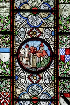Colourful stained glass windows, Notre-Dame Cathedral, former episcopal church of the diocese of Lausanne, today the main reformed church of the city of Lausanne, canton of Vaud, Switzerland