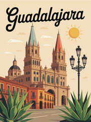 Obraz premium GUADALAJARA Poster: Black Retro Script Text with Ornate Cathedral Featuring Blue and Red Spires