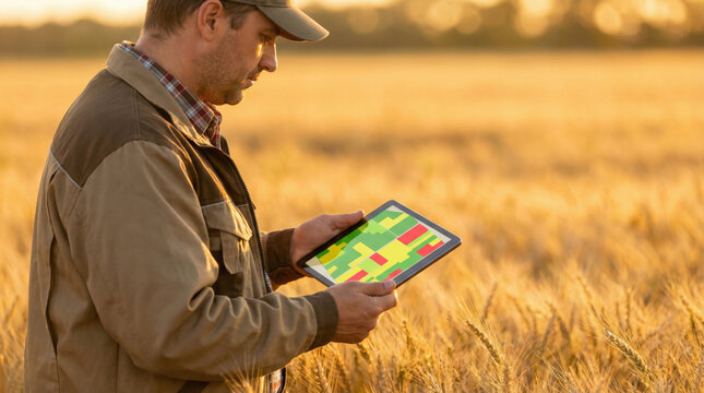 Farmer checking field data on tablet in wheat field