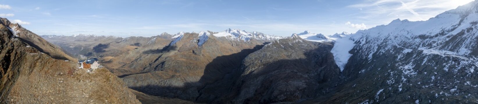 Mountain panorama and glacier, mountain hut Ramolhaus in autumn with snow, view of Gurgler Ferner with summit Hochwilde and Falschungsspitze, &Ouml;tztal Alps, Tyrol, Austria