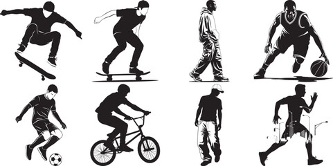 Fototapeta premium Dynamic Silhouette Set: Skateboarders, Basketball Players, Soccer Players, BMX Riders, Runners