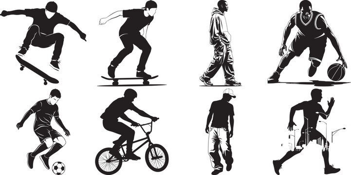 Dynamic Silhouette Set: Skateboarders, Basketball Players, Soccer Players, BMX Riders, Runners