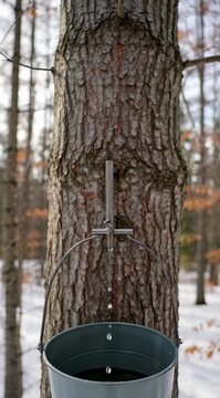 Collecting sap from a maple tree using a bucket and spout during late winter in a forest