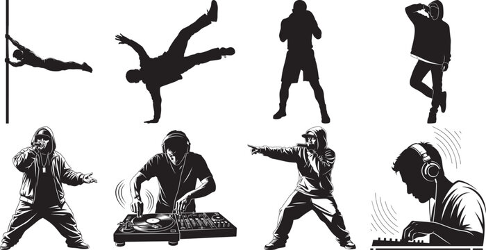 Urban Music Scene Silhouettes: Breakdancers, DJs, Rappers, and Performers
