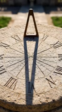 Sundial shows time with shadow at garden in bright sunlight during afternoon hours