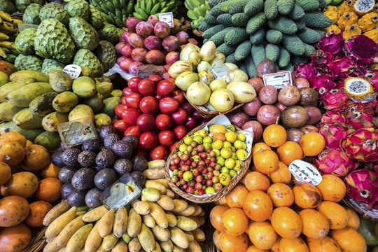 Exotic fruit stall, market, indoor market, Mercado dos Lavradores, Funchal, Madeira, Portugal