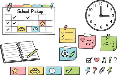 Desk calendar page, notebook, sticky notes and a wall clock, checkmarks and event blocks for School pickup calendar with tabs,