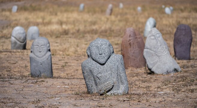 Balbals, historical gravestones in the shape of human faces, near Tokmok, Chuy, Kyrgyzstan