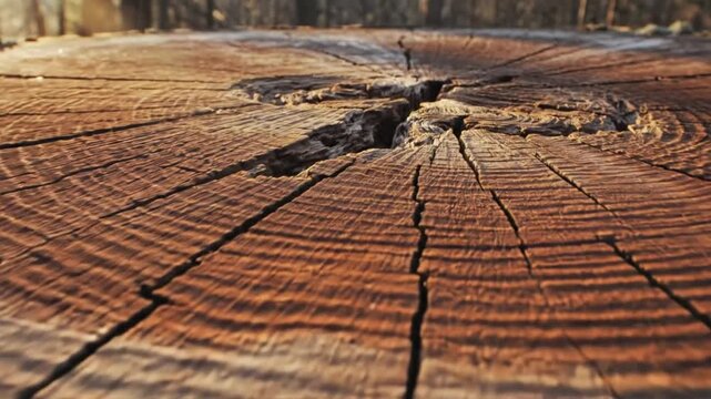 Close-up of Cracked Tree Stump Wood Texture with Growth Rings and Sunlight
