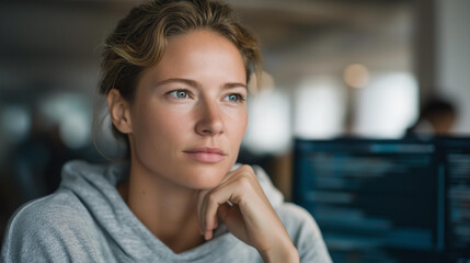 Focused female cybersecurity engineer analyzing encrypted network data and security logs in real-time, promoting digital safety and inclusion. cinematic color correction, natural uneven lighting