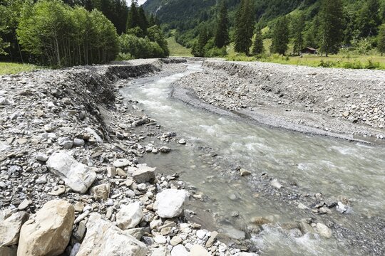 Illegal stream straightening in a nature reserve, Rappenalpbach in the Rappenalptal valley near Oberstdorf, Allg&auml;u Alps, Allg&auml;u, Bavaria, Germany