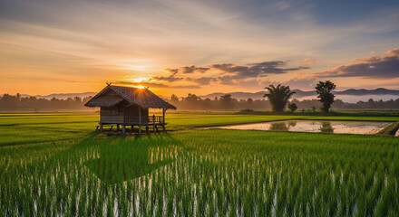 A view of green rice fields with traditional wooden huts at sunrise creates a serene and natural atmosphere. Suitable for agricultural, rural, environmental, and simple living concepts.