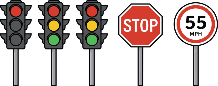 Traffic Light Signal Stop Sign and Speed Limit Road Signs Flat Vector Illustration Set Isolated on White Background