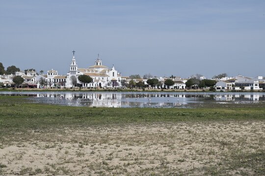 Sanctuary Ermita de el Rocio with lagoon, El Rocio, Andalusia, Spain