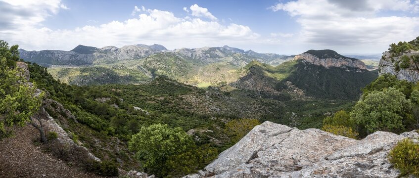 View over the mountains of the Serra de Tramuntana, Valley of Orient, Castell Alar&oacute;, Puig dAlar&oacute;, Majorca, Spain