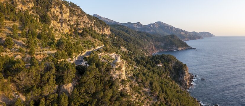 Evening atmosphere, aerial view, Torre des Verger tower, view over the coast and sea, Majorca, Spain